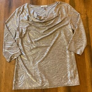 Roz & Ali top women’s large tan/gray. 3/4 sleeves  draped neckline shiny holiday